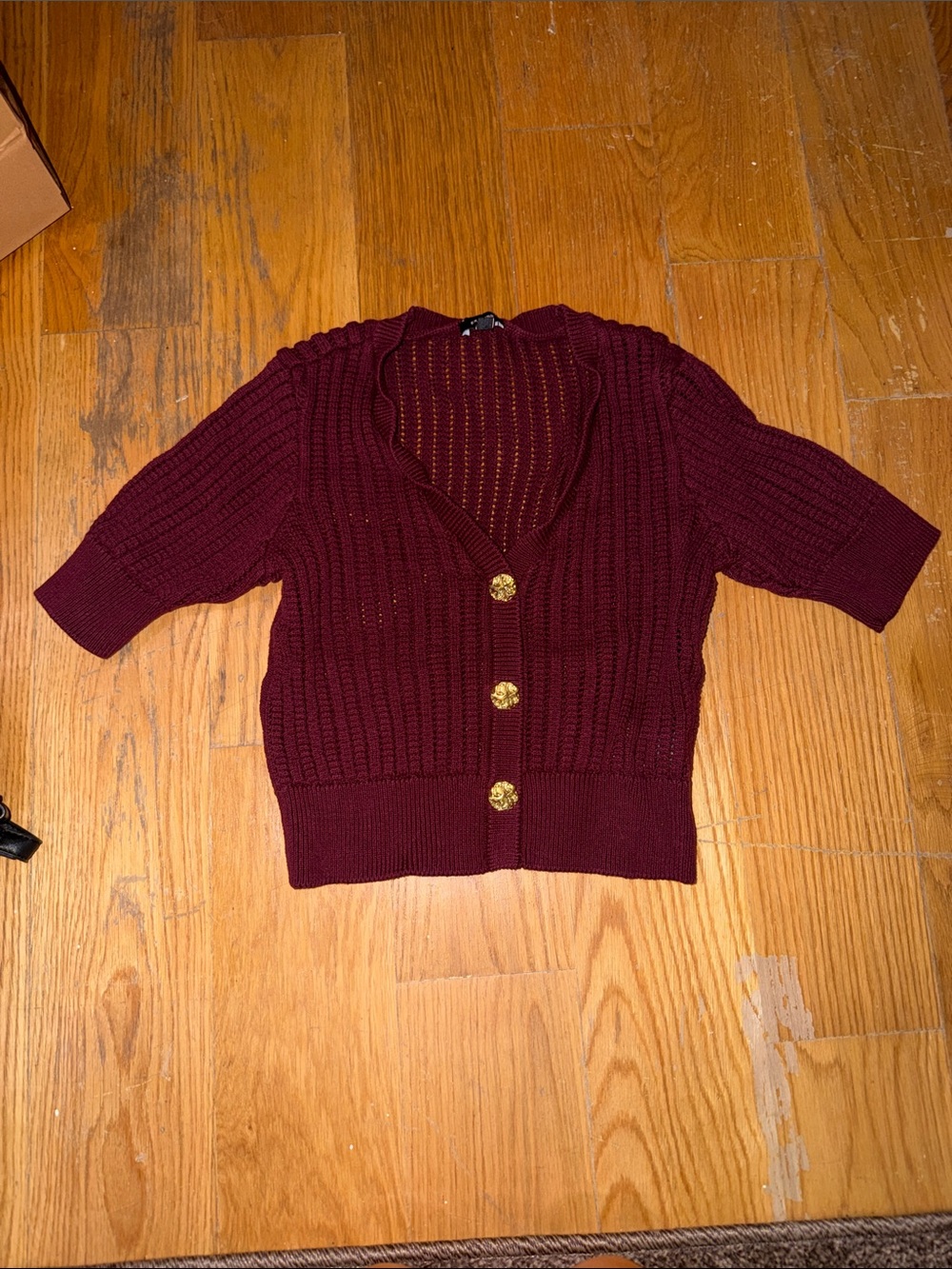 Express Burgundy Short-Sleeve Ribbed Cardigan with Gold Buttons